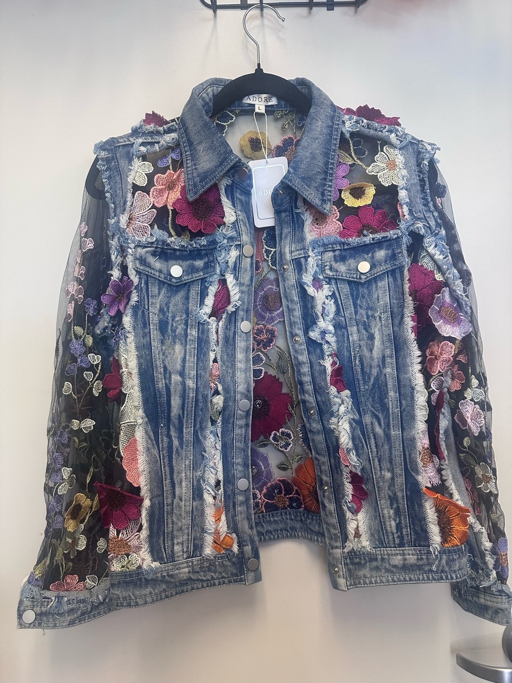 Adore Blue Denim Jacket with Gold and Pink Floral Embroidery